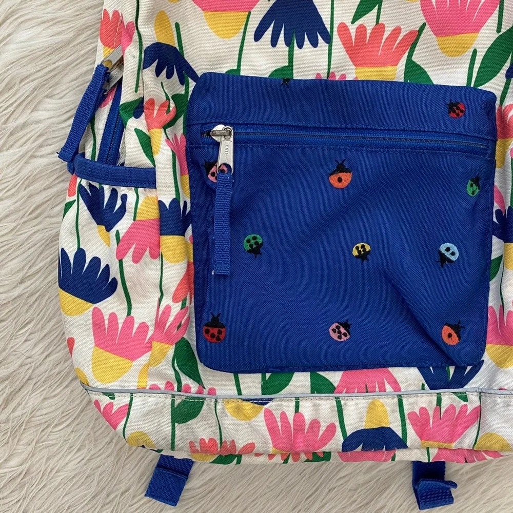 Hanna Andersson Floral Pink Blue Ladybug Embroidered Pocket Girls Kids Backpack